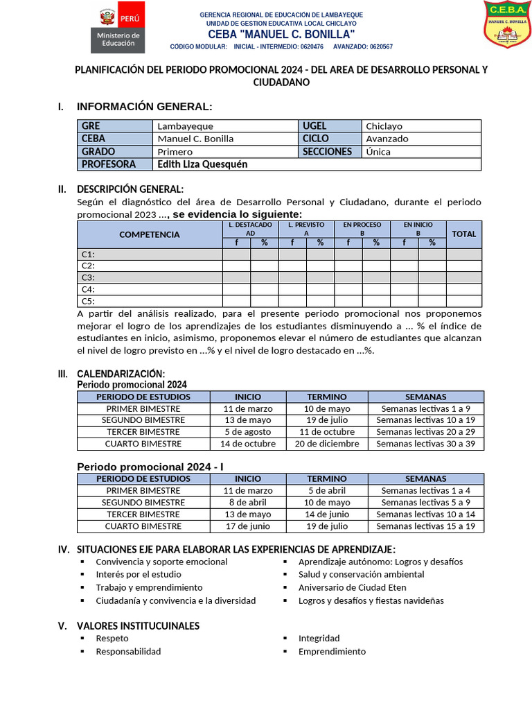 Planificación Educativa 2024 CEBA Lambayeque | PDF | Aprendizaje ...