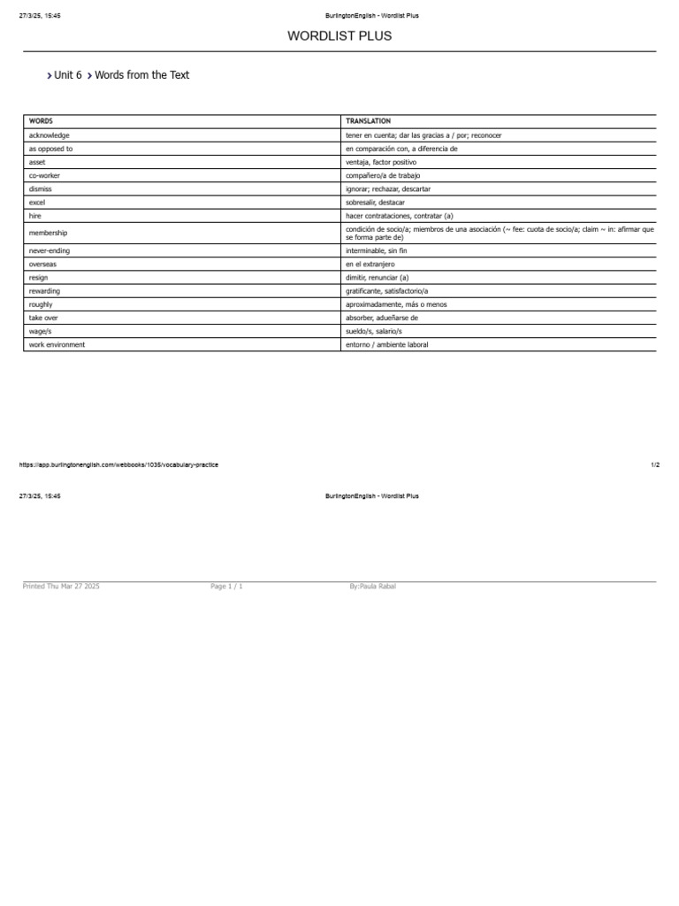 Wordlist Plus: Unit 6 Words From The Text | PDF