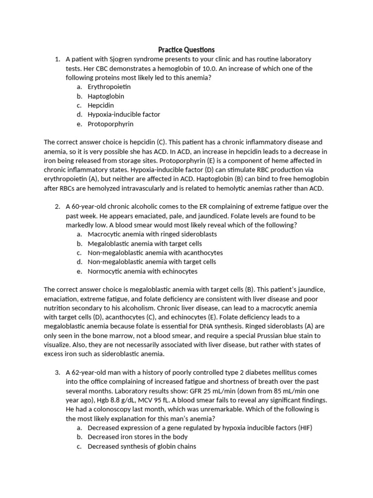 RBC Practice Questions With Answers (Hematology Medical School) | PDF ...