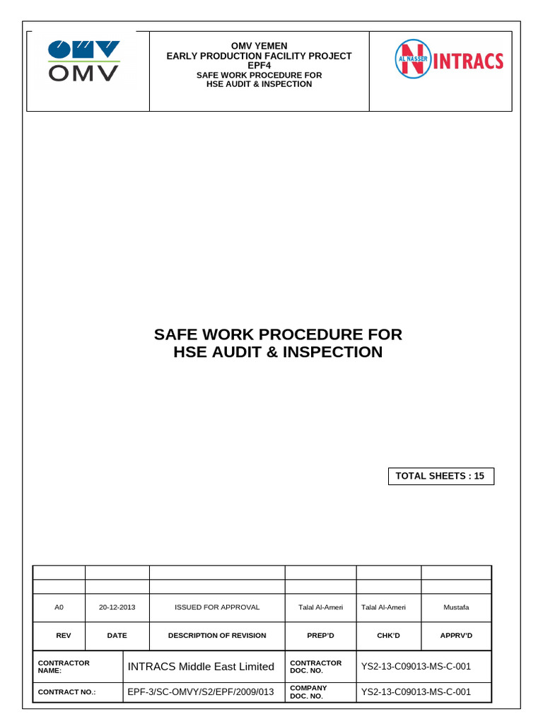SAFE WORK PROCEDURE FOR HSE AUDIT& INSPECTION | PDF | Audit ...