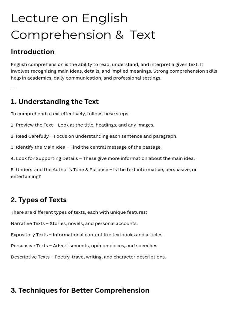 Beginner's Guide to English Comprehension | PDF | Reading Comprehension ...
