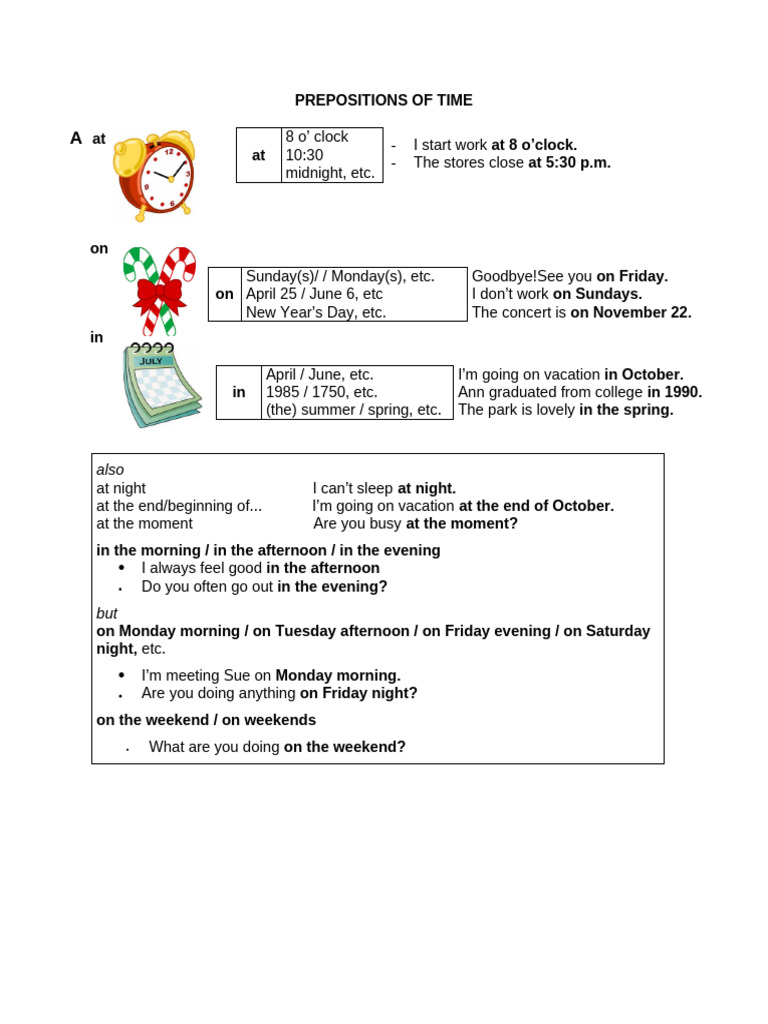 Prepositions of Time Explained | PDF | Workweek And Weekend