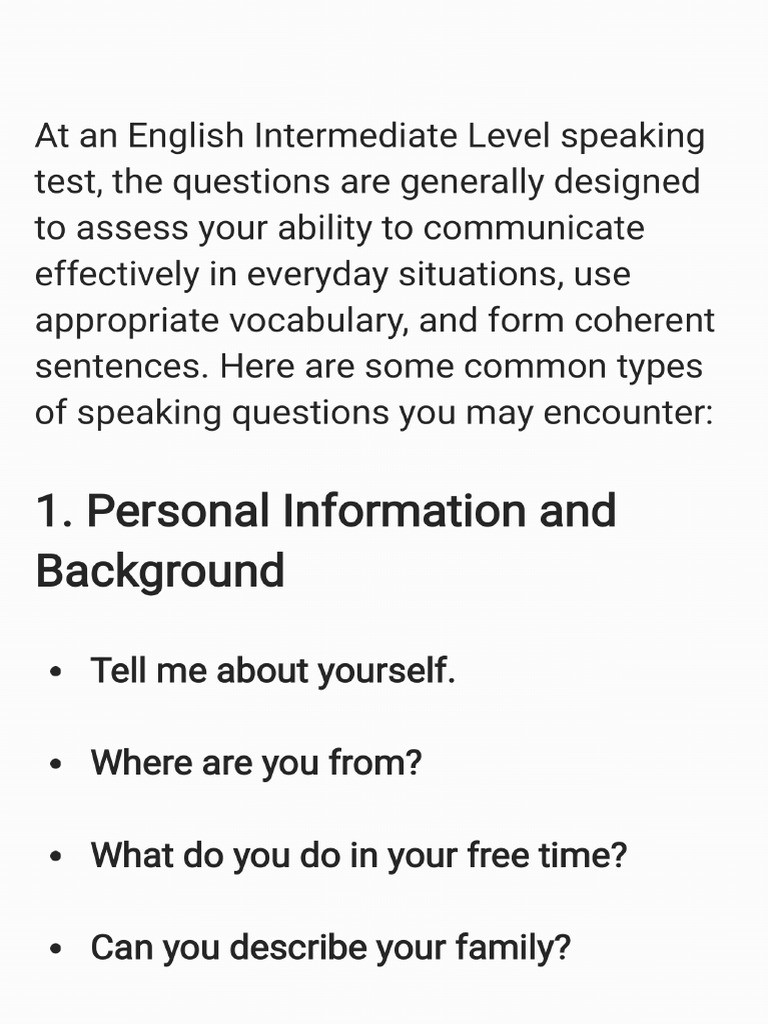 Intermediate Level Speaking Test Sample Questions and Answers | PDF
