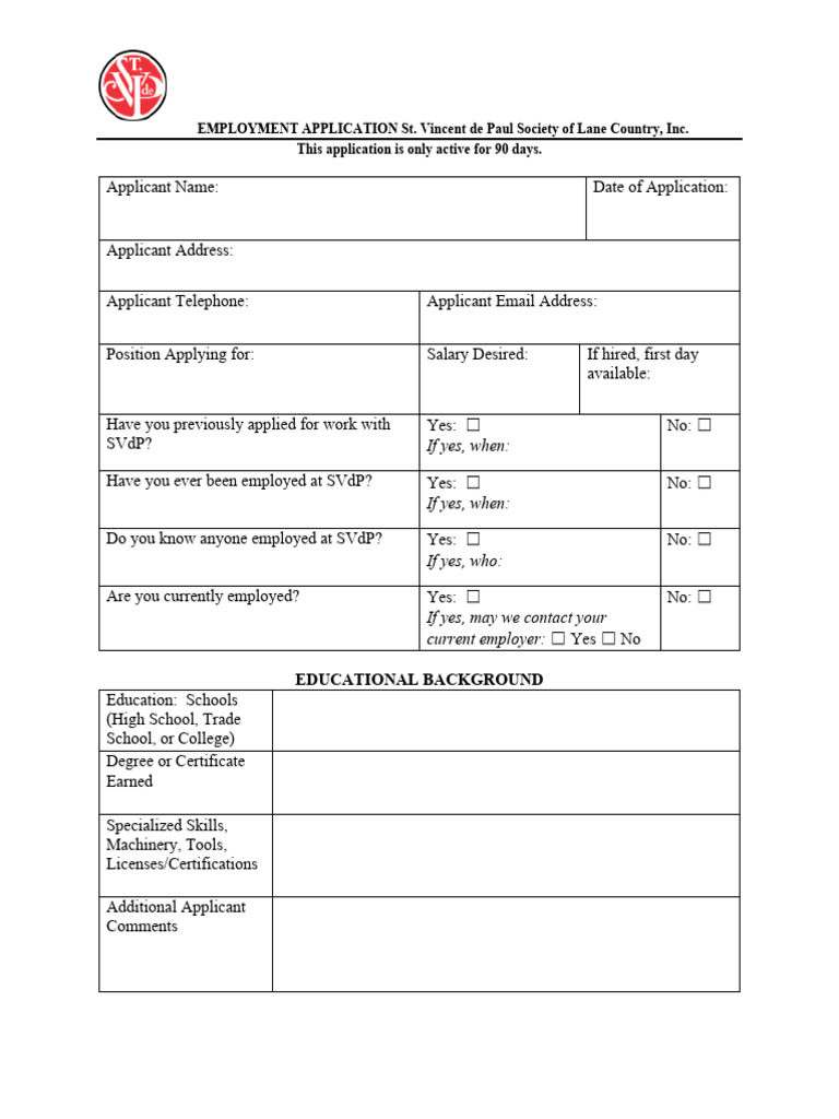 SVDP Employment Application 2025 | PDF | Mental Disorder | Employment