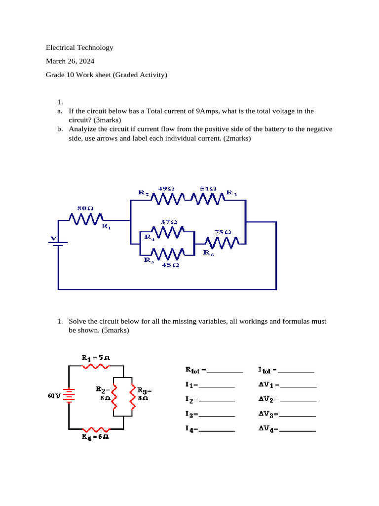 Electrical Technology grade 10 series-parallel worksheet DC | PDF