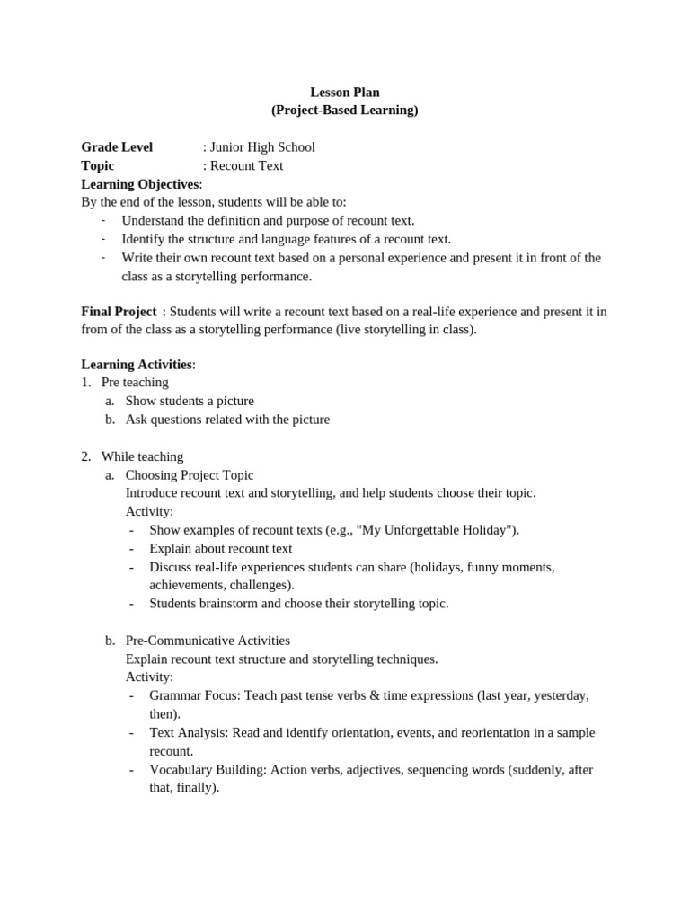 PJBL Lesson Plan (Recount Text) | PDF | Verb | Storytelling
