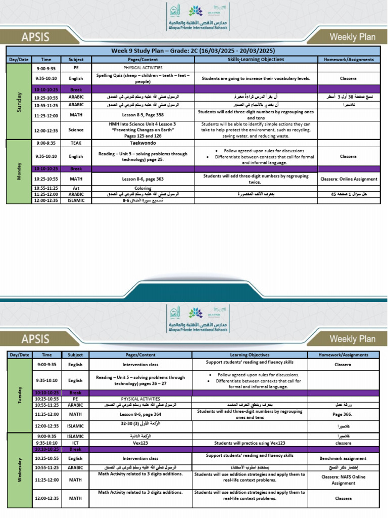 Week 9 Study Plan for Grade 2C | PDF | Mathematics | Behavior Modification