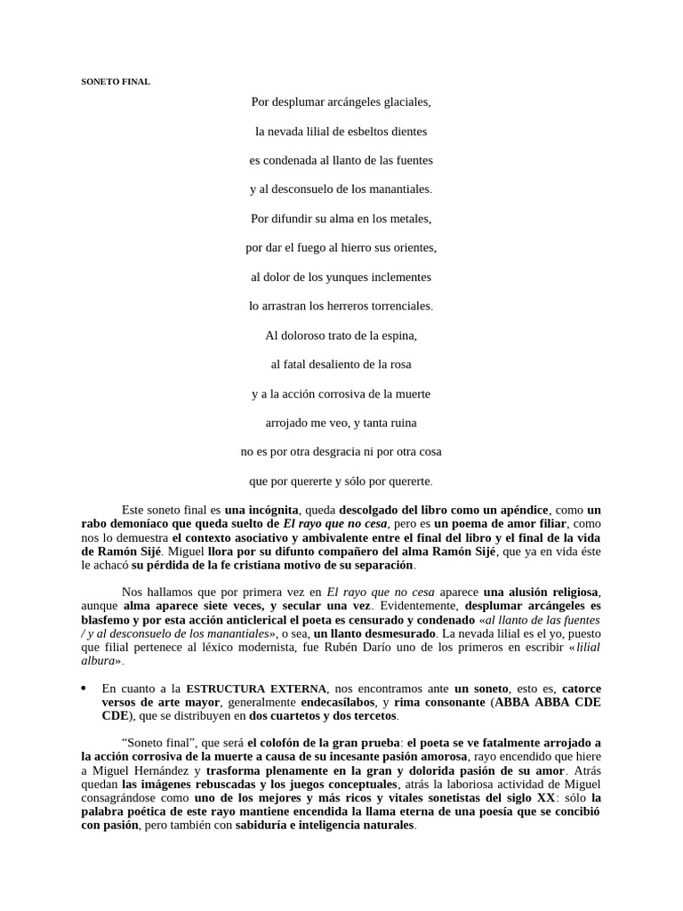 Soneto final de Miguel Hernández | PDF | Sonetos | Poesía