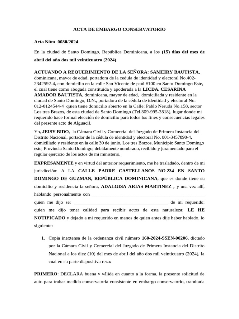 Acta de Embargo Conservatorio RD 2024 | PDF | Demanda judicial ...