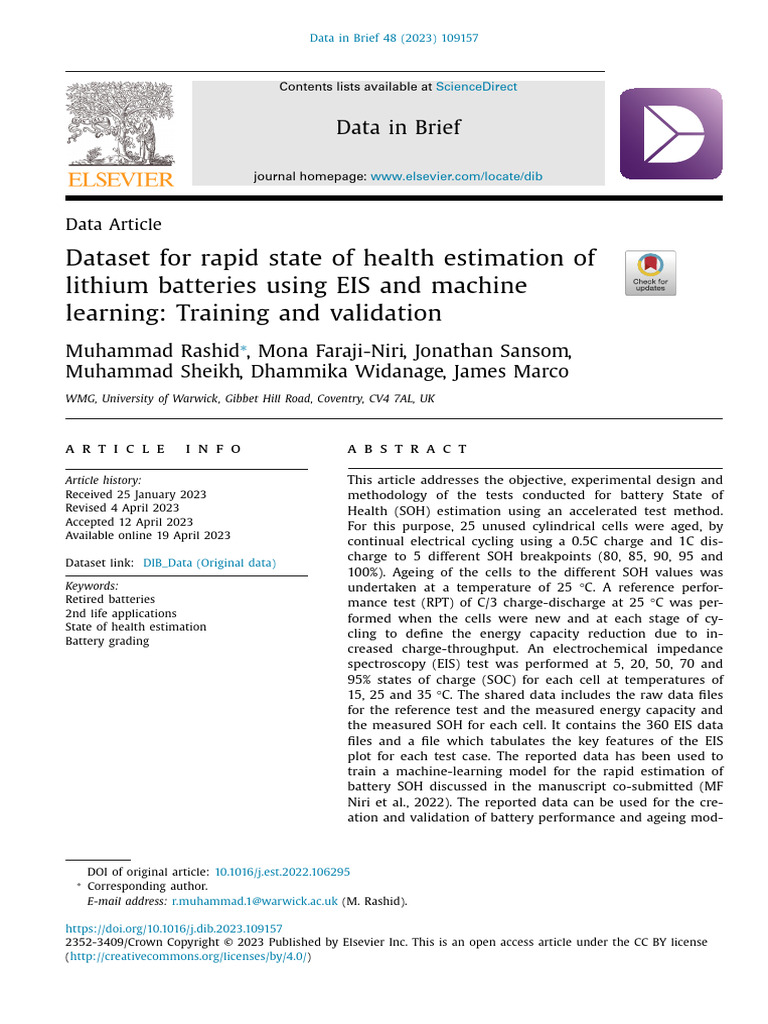 Dataset For Rapid State of Health Estimation of Lithium Batteries Using ...