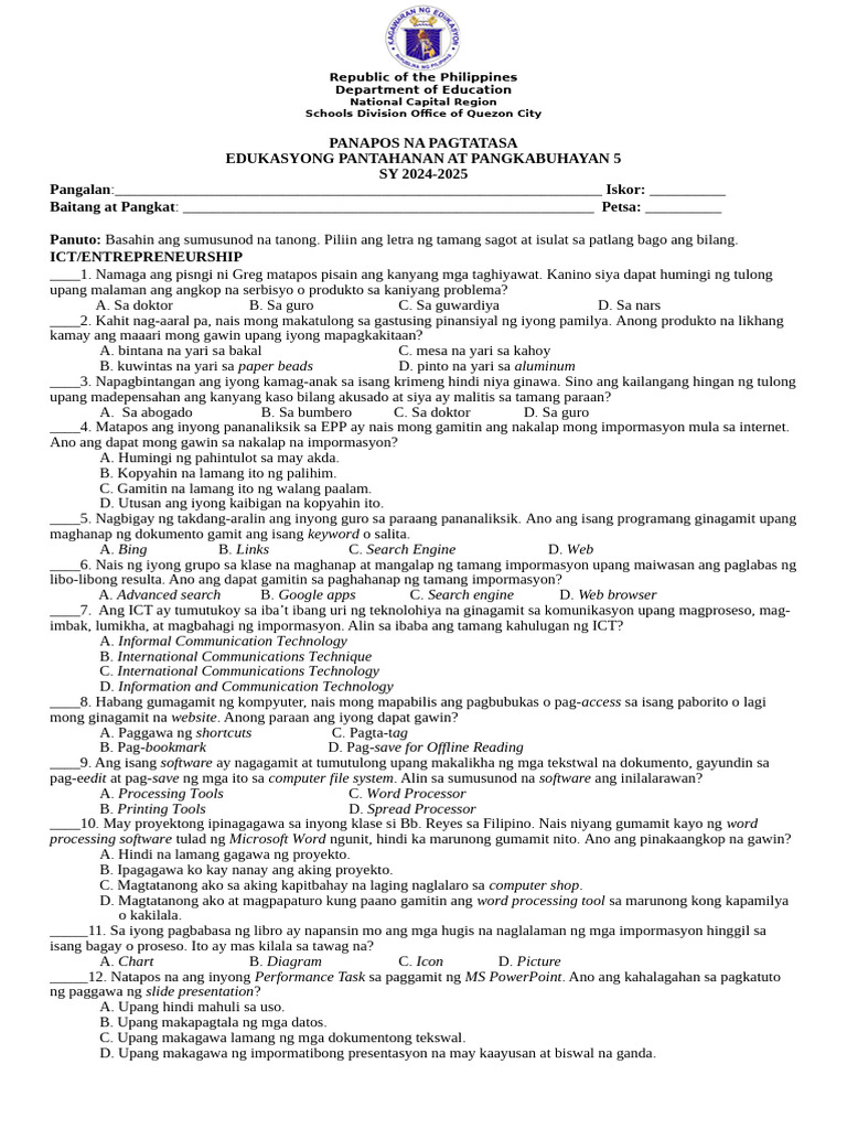 EPP G5 POSTTEST2024.Final | PDF