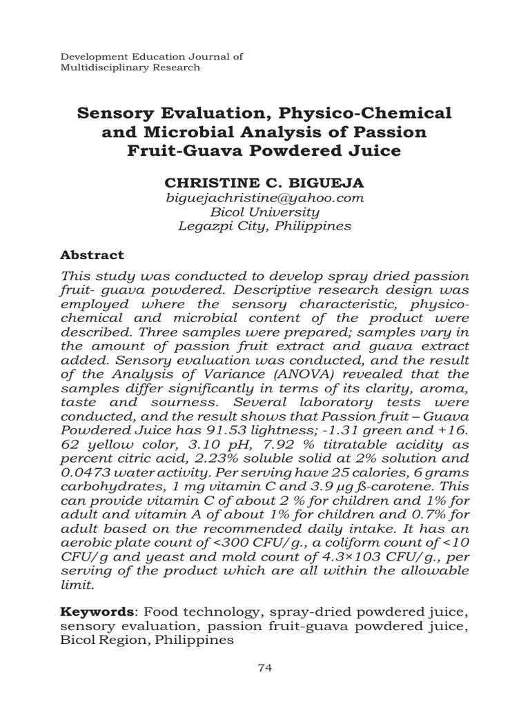 Sensory Evaluation, Physico-Chemical and Microbial Analysis of Passion ...
