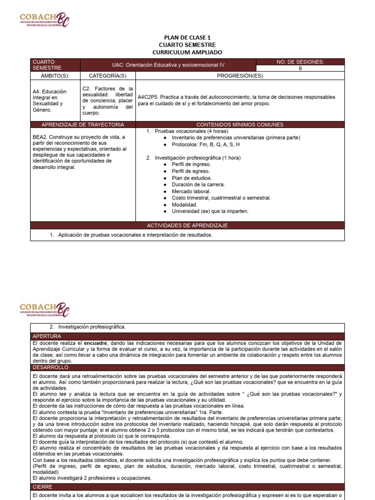 Plan de Clase: Orientación Vocacional IV | PDF | Plan de estudios ...