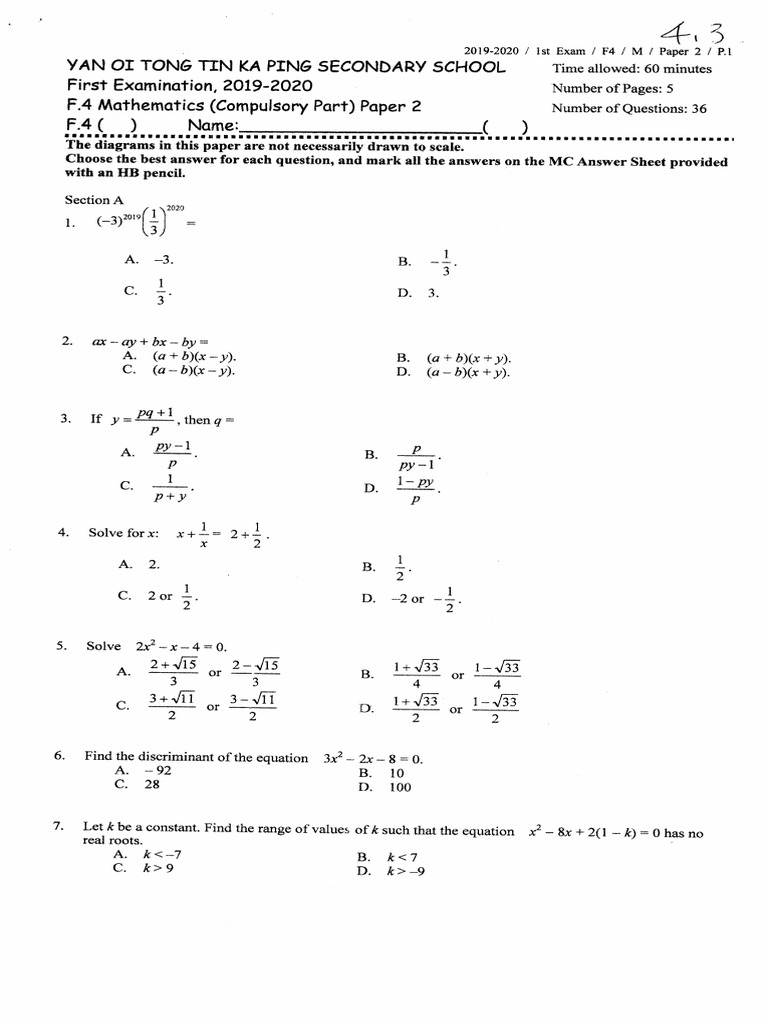 F4 - MATH - 2019 - 20 - 1st Exam | PDF