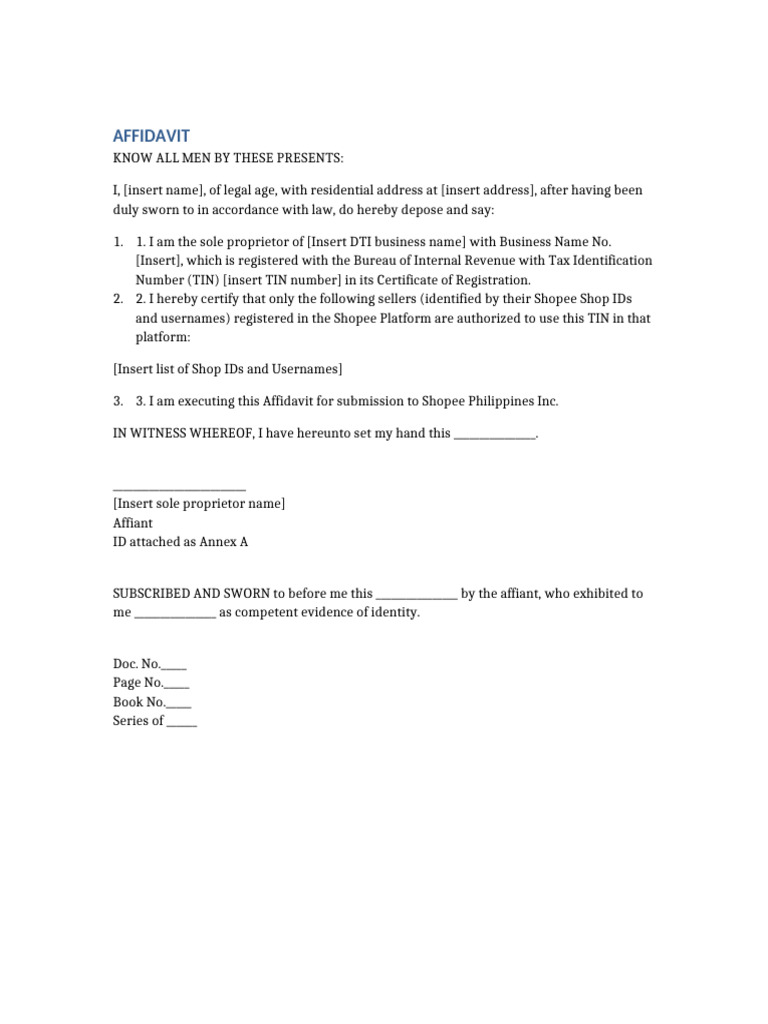 Shopee Affidavit of Ownership Template | PDF