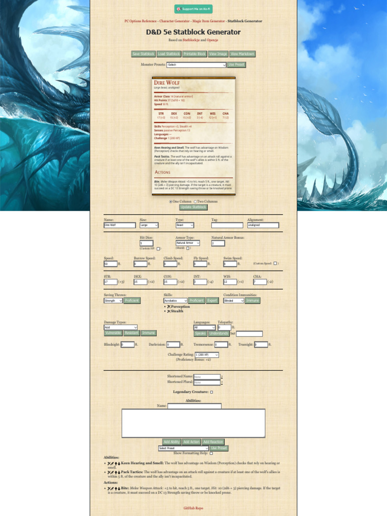 Dire Wolf 5E Stat Block Generator | PDF | Tabletop Games | Gaming