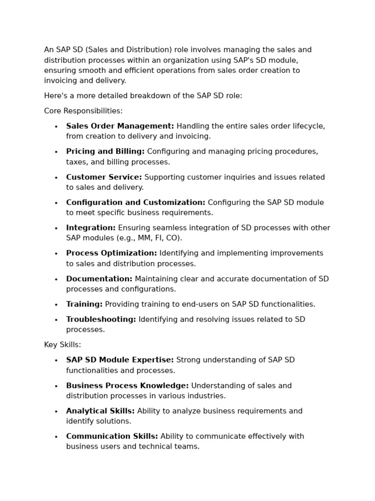 SAP SD Role Overview and Responsibilities | PDF