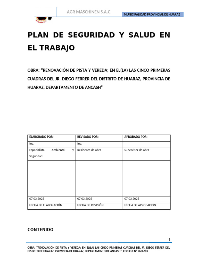 Plan de Seguridad en Obra Huaraz | PDF | Seguridad y salud ocupacional ...