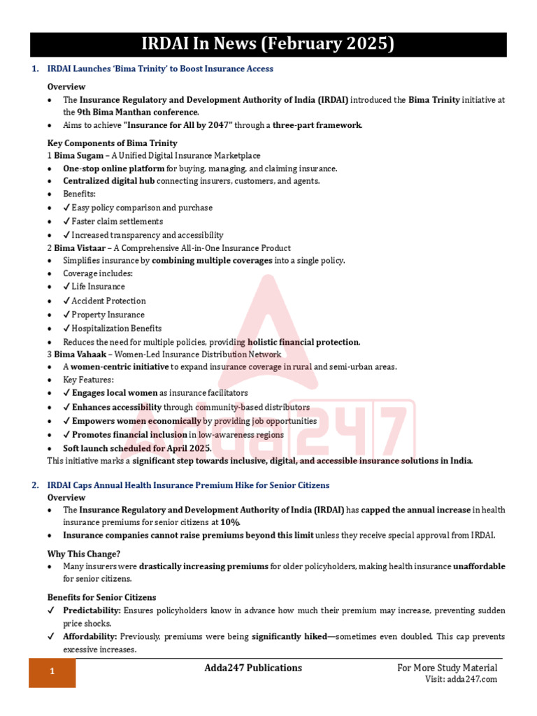 IRDAI Launches Bima Trinity Initiative | PDF | Insurance | Service ...