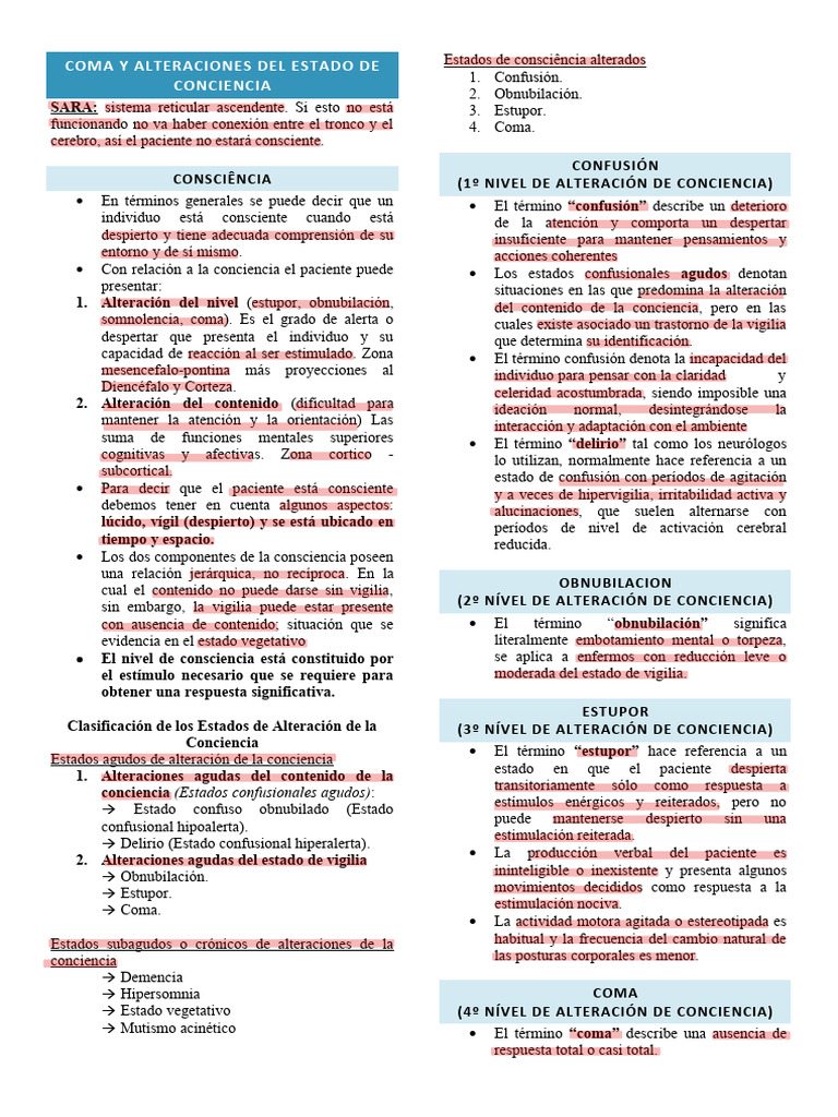 Coma y Alteraciones de la Conciencia | PDF | Coma | Conciencia