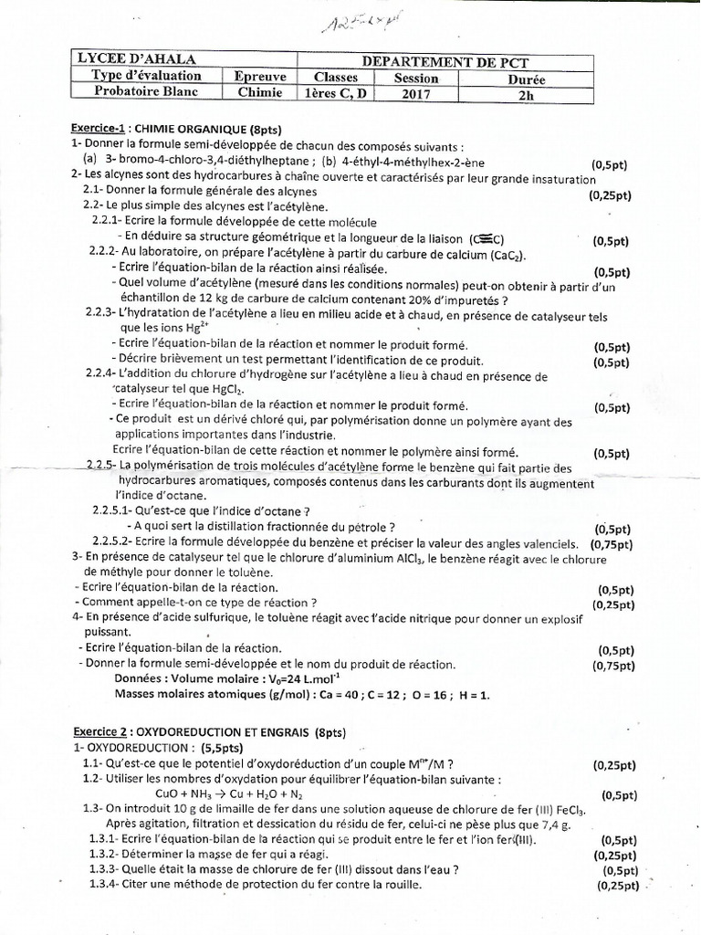 Chimie Lycee D'ahala Probatoire Blanc Série C D 2017 2 Cameroun | PDF