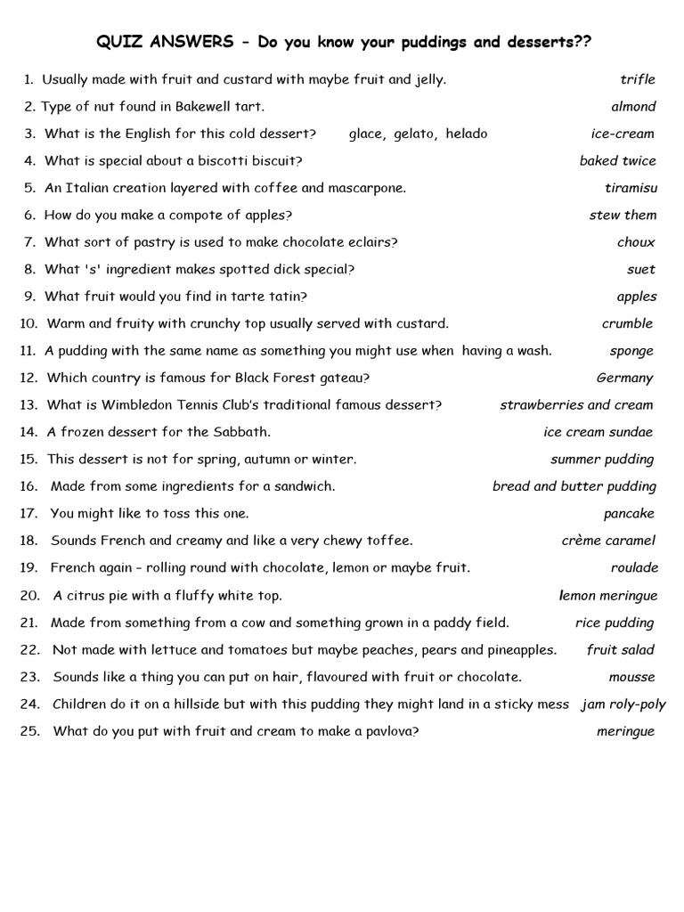 Pudding Quiz: Dessert Types Explained | PDF | Desserts | Pudding