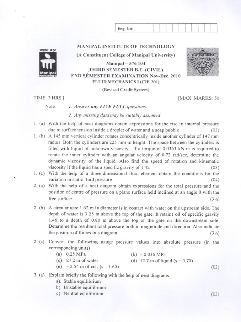 Fluid Mechanics Exam Questions | PDF | Pressure | Liquids