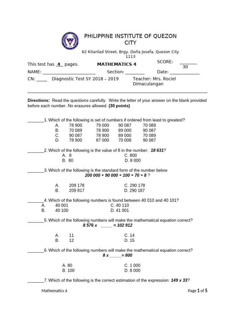 Mathematics 4 Diagnostic Test 2018-2019 | PDF | Division (Mathematics ...