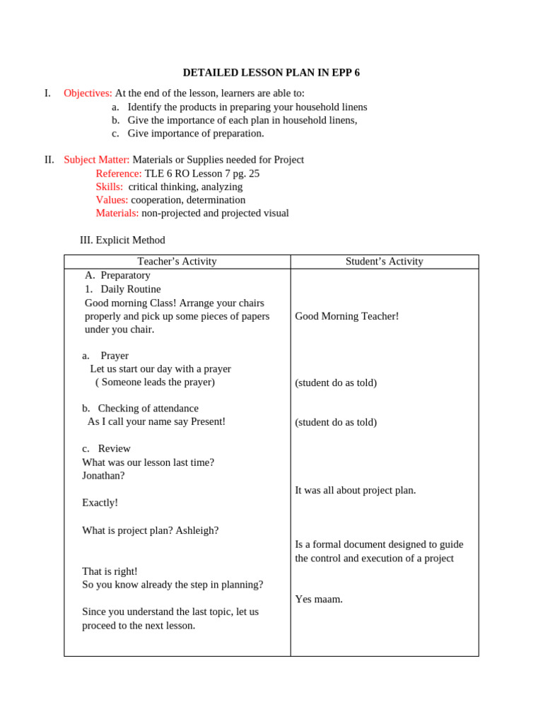 EPP 6 Lesson Plan: Household Linens | PDF | Textiles | Linens