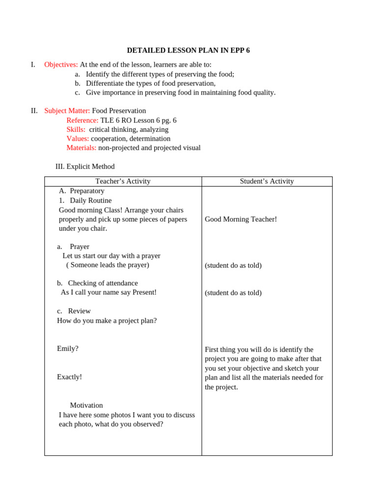 Food Preservation Lesson Plan for EPP 6 | PDF | Food Preservation ...