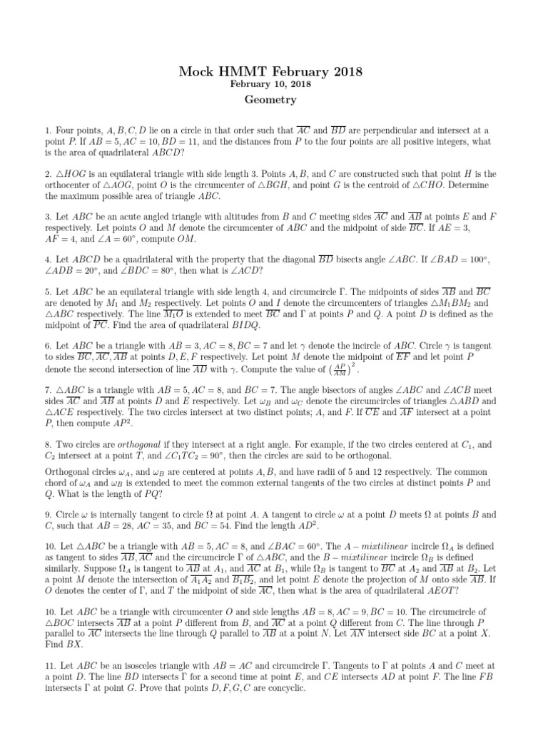 HMMT Geometry Problems February 2018 | PDF | Triangle | Trigonometry
