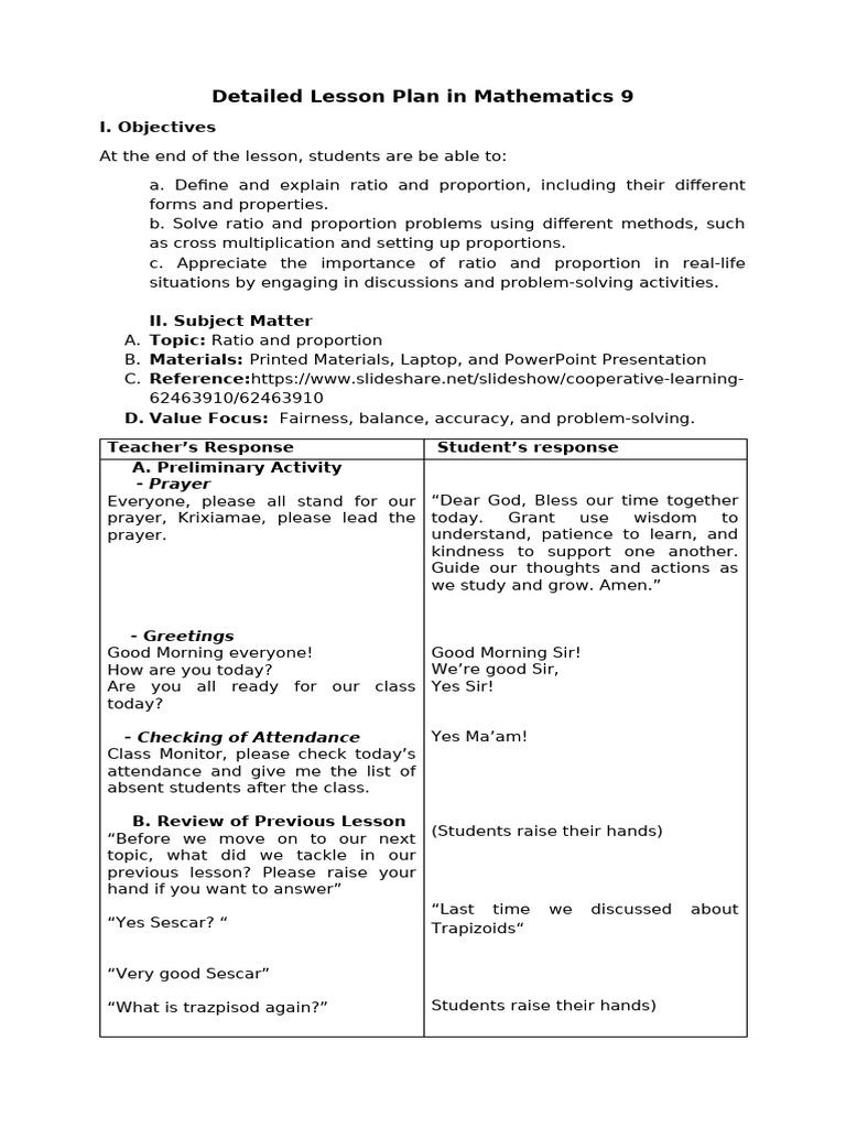 Mathematics 9 Lesson Plan: Ratio & Proportion | PDF | Ratio | Mathematics