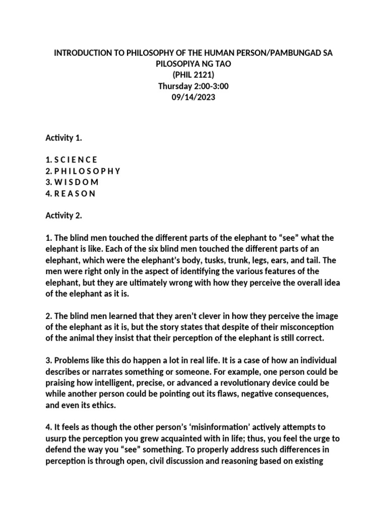 Answers For INTRODUCTION TO PHILOSOPHY OF THE HUMAN PERSON | PDF