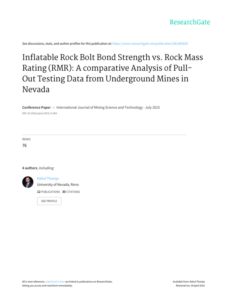 Inflatable Rock Bolt Bond Strength vs. Rock Mass Rating (RMR) a ...