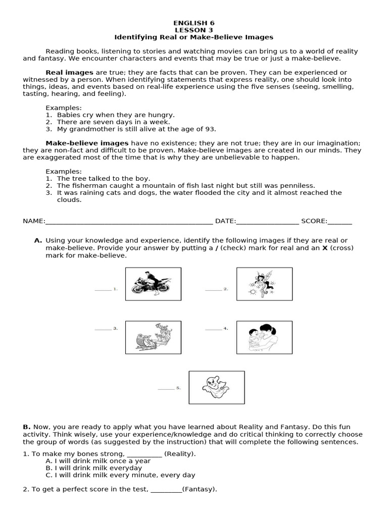 Real vs. Make-Believe Images Lesson | PDF | Experience | Cognition