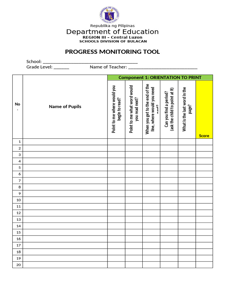 Bulacan Progress Monitoring Tool | PDF | Cognitive Science | Writing
