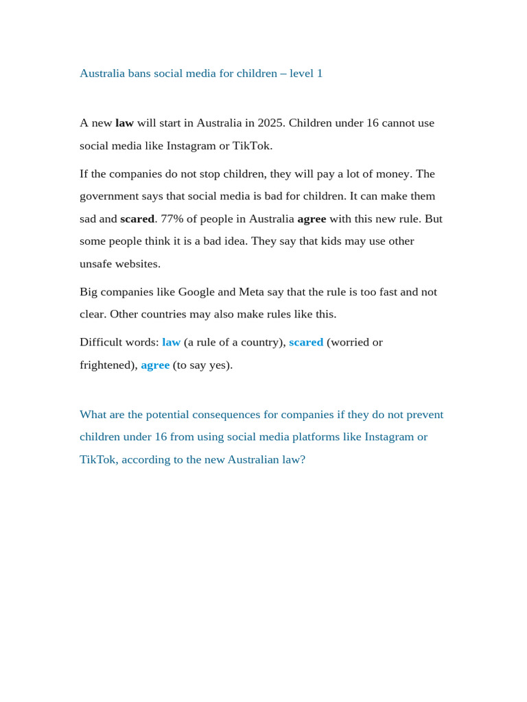 Australia Bans Social Media For Children - Level 1 | PDF