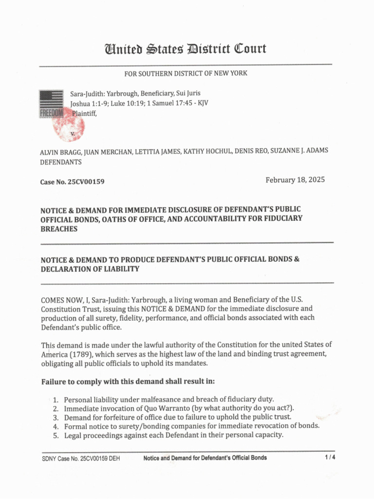SDNY Case No. 1:25CV00159 DEH - Notice & Demand To Produce Defendant's ...