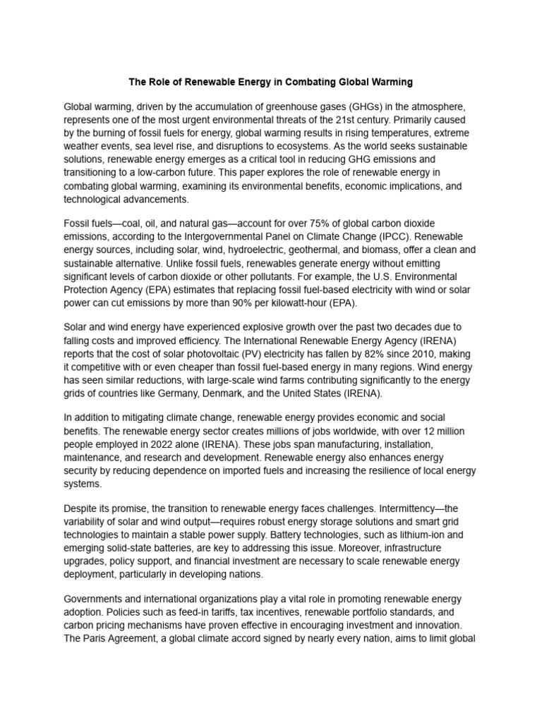 The Role of Renewable Energy in Combating Global Warming | PDF ...