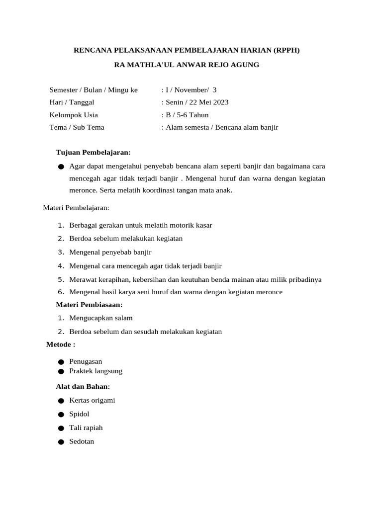 RPPH Pembelajaran Banjir Usia Dini | PDF