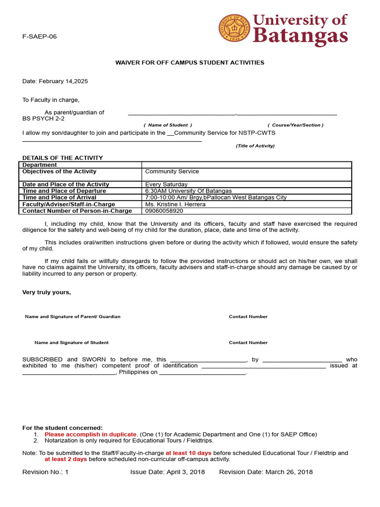 Copy of Copy of F SAEP 06 Off Campus Activity Waiver.docx (1) (2) | PDF