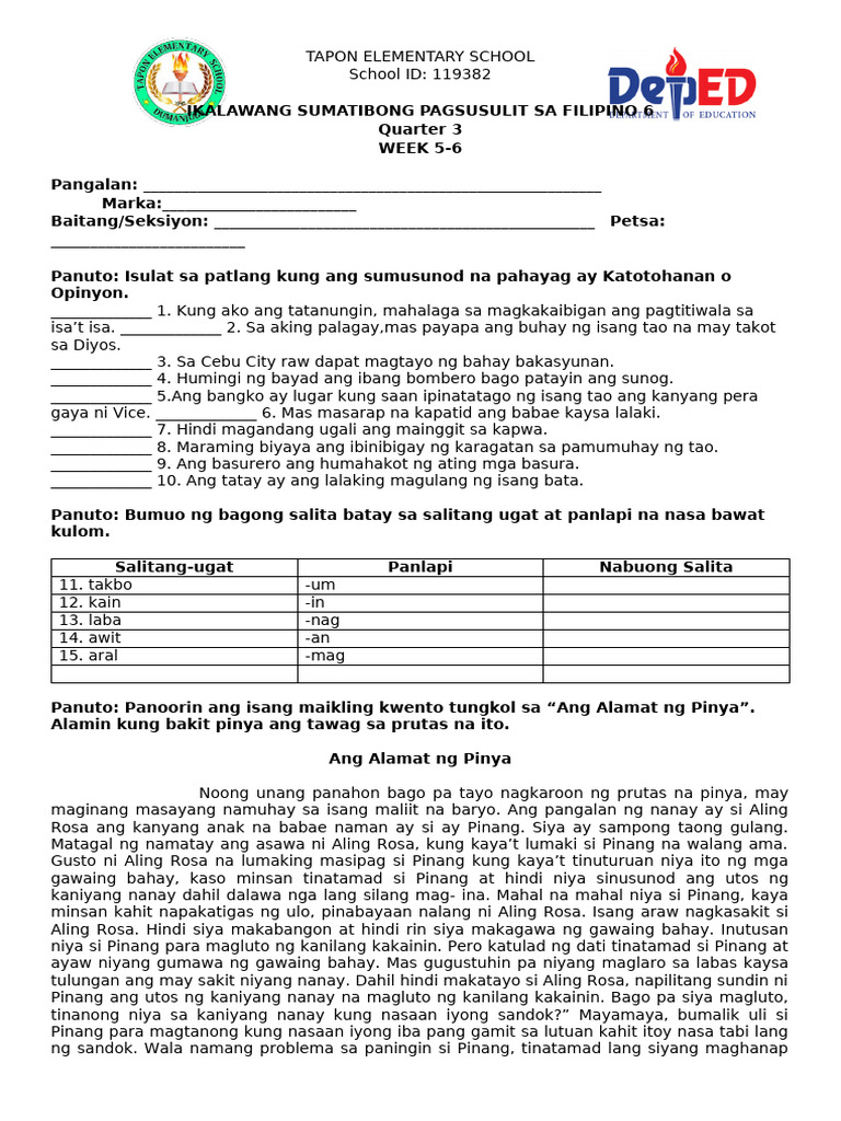Q3 Summative Test 2 Filipino 6 W5-6 | PDF