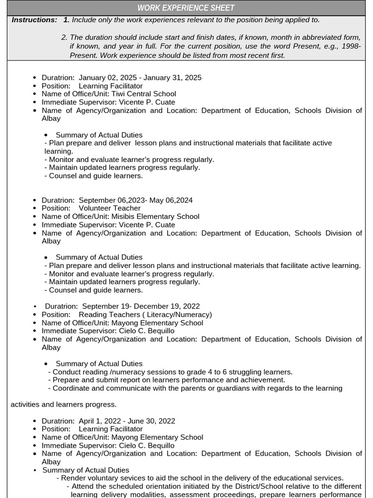 Work Experience Sheet for Educators | PDF | Learning | Teachers