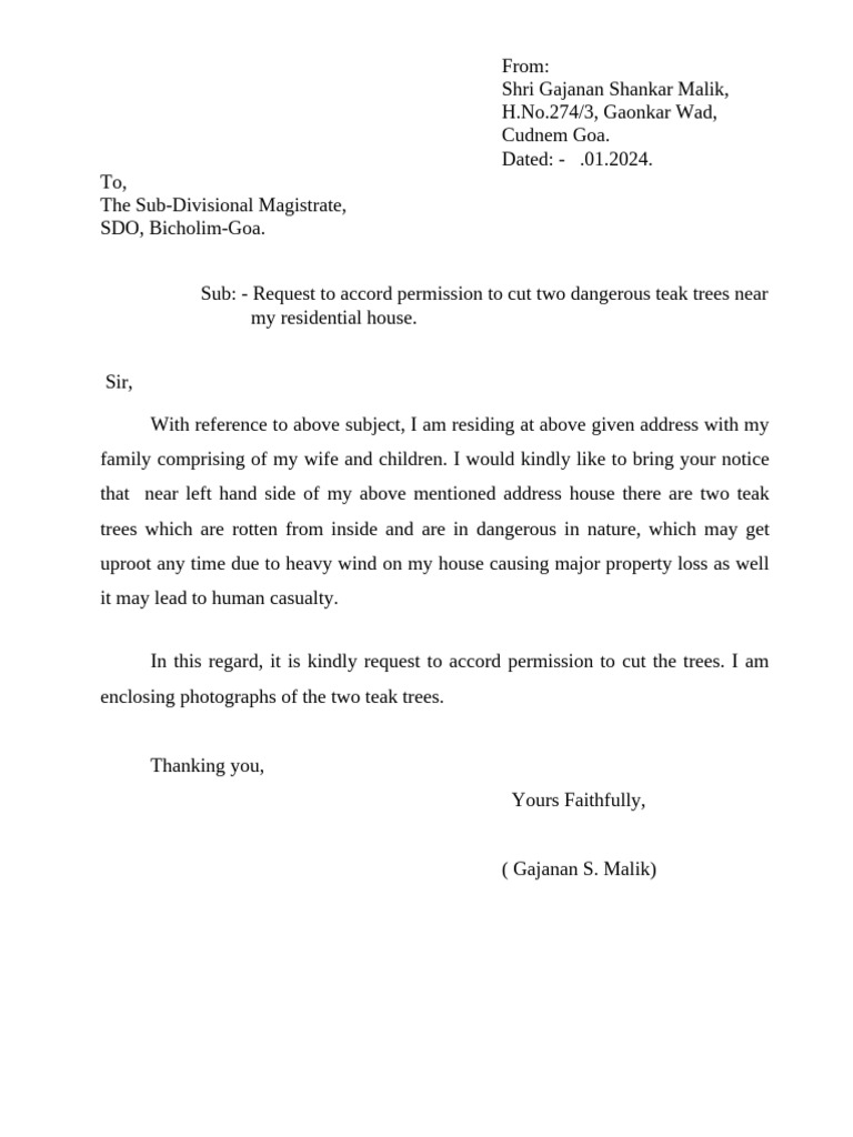 Request to Cut Dangerous Teak Trees | PDF