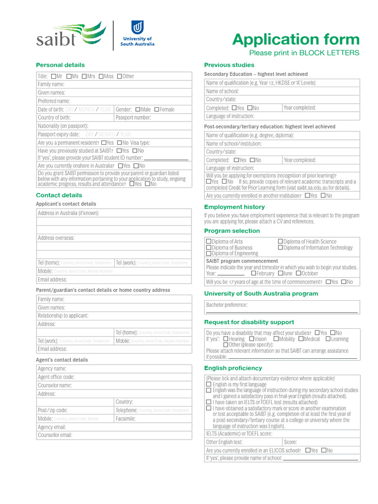SAIBT Application Form for Health Science | PDF | Travel Visa | Passport