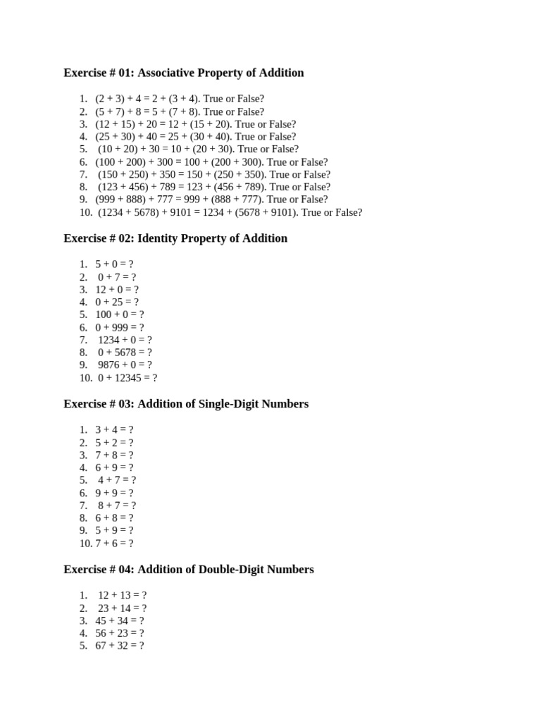 Addition Exercises for All Levels | PDF | Mathematical Objects ...