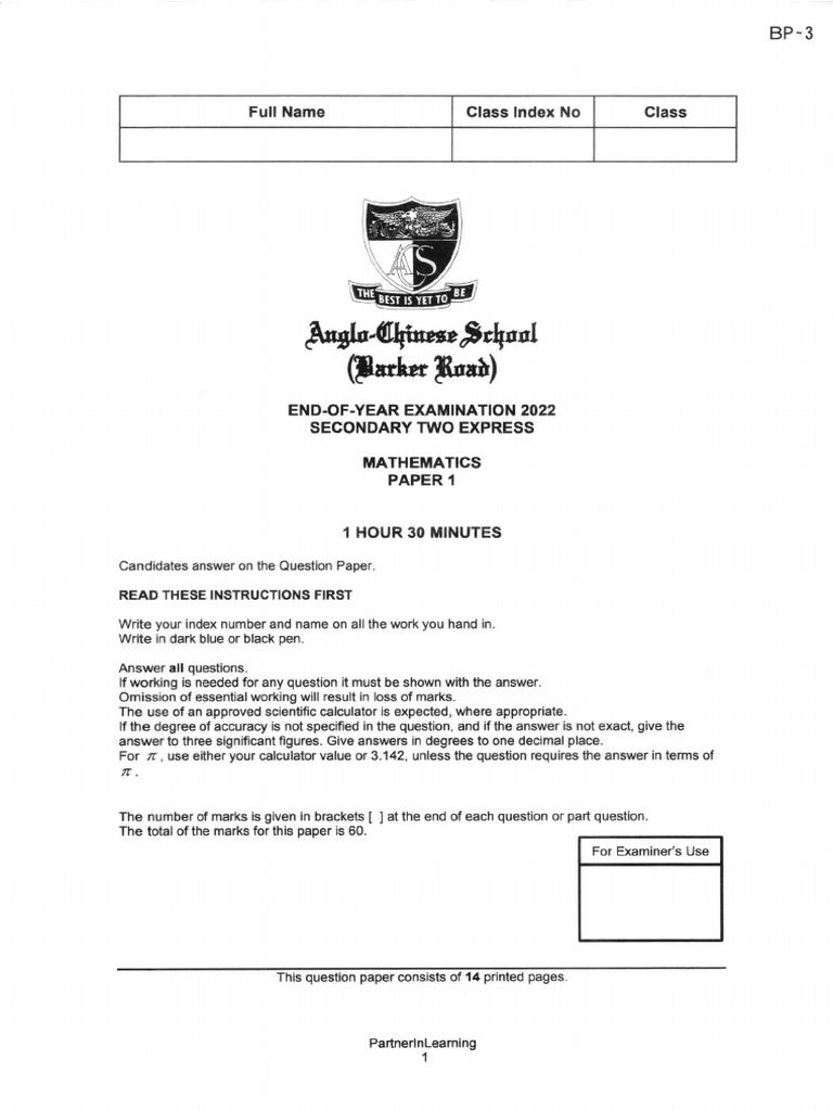 Secondary Two Express Mathematics Exam 2022 | PDF | Mathematics