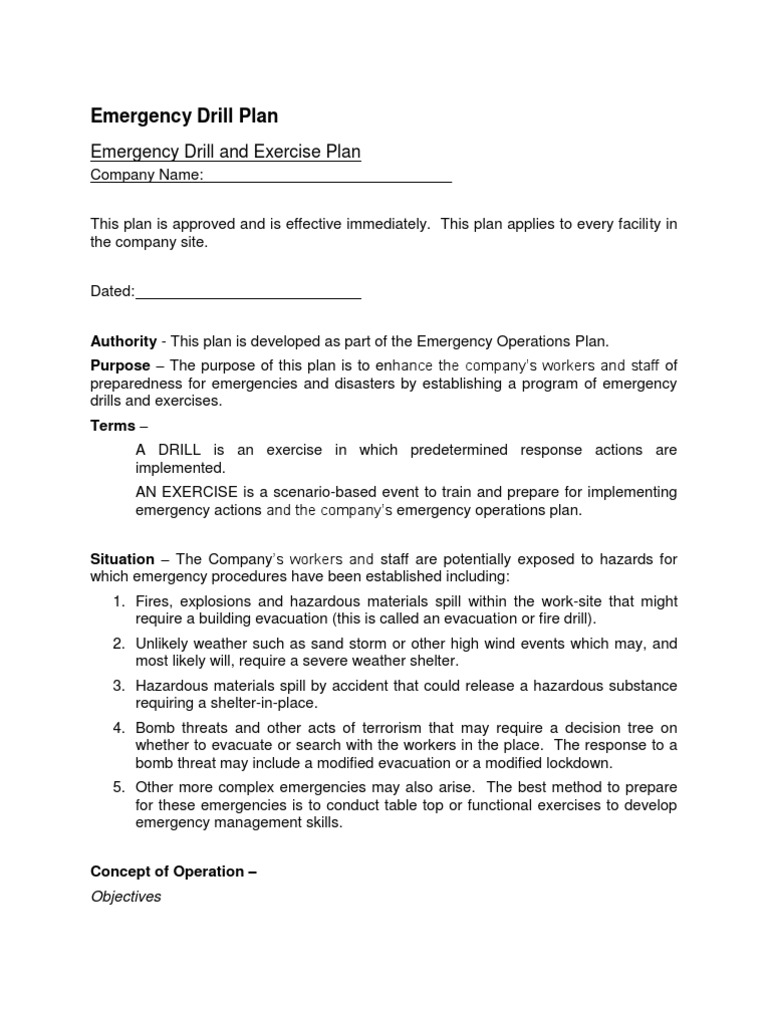 Emergency Drill Plan Emergency Management Emergency