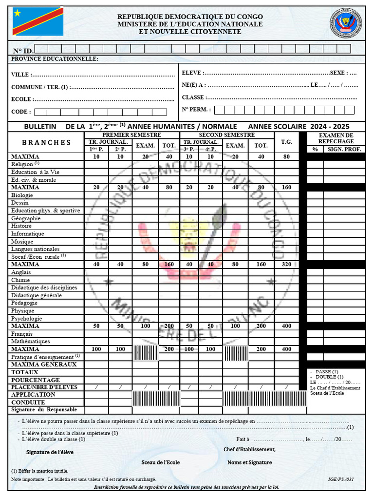 Bulletin Scolaire 2024-2025 RDC | PDF | Apprentissage