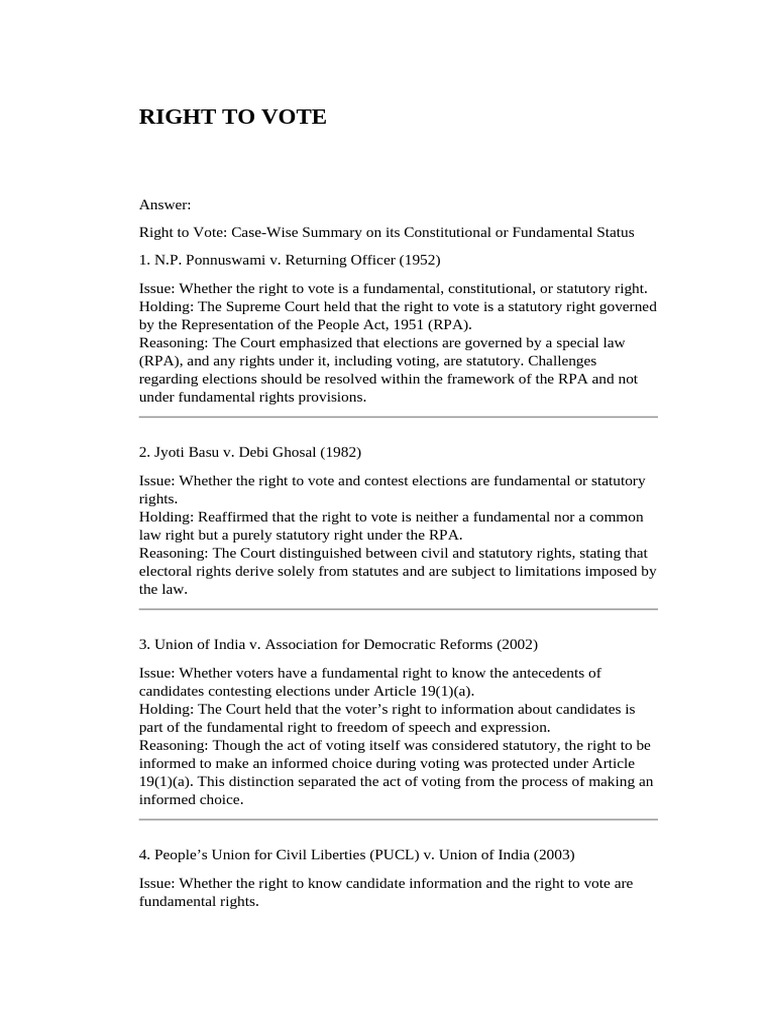 Right to Vote: Statutory vs. Fundamental Rights | PDF | Supreme Court ...